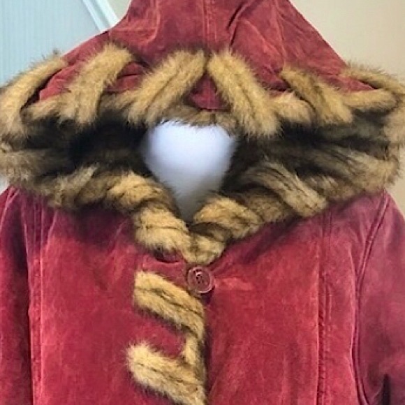 DENNIS BASSO Long Line Suede Hooded Pea Coat w Faux Fur Lining Dusky Red Sz L